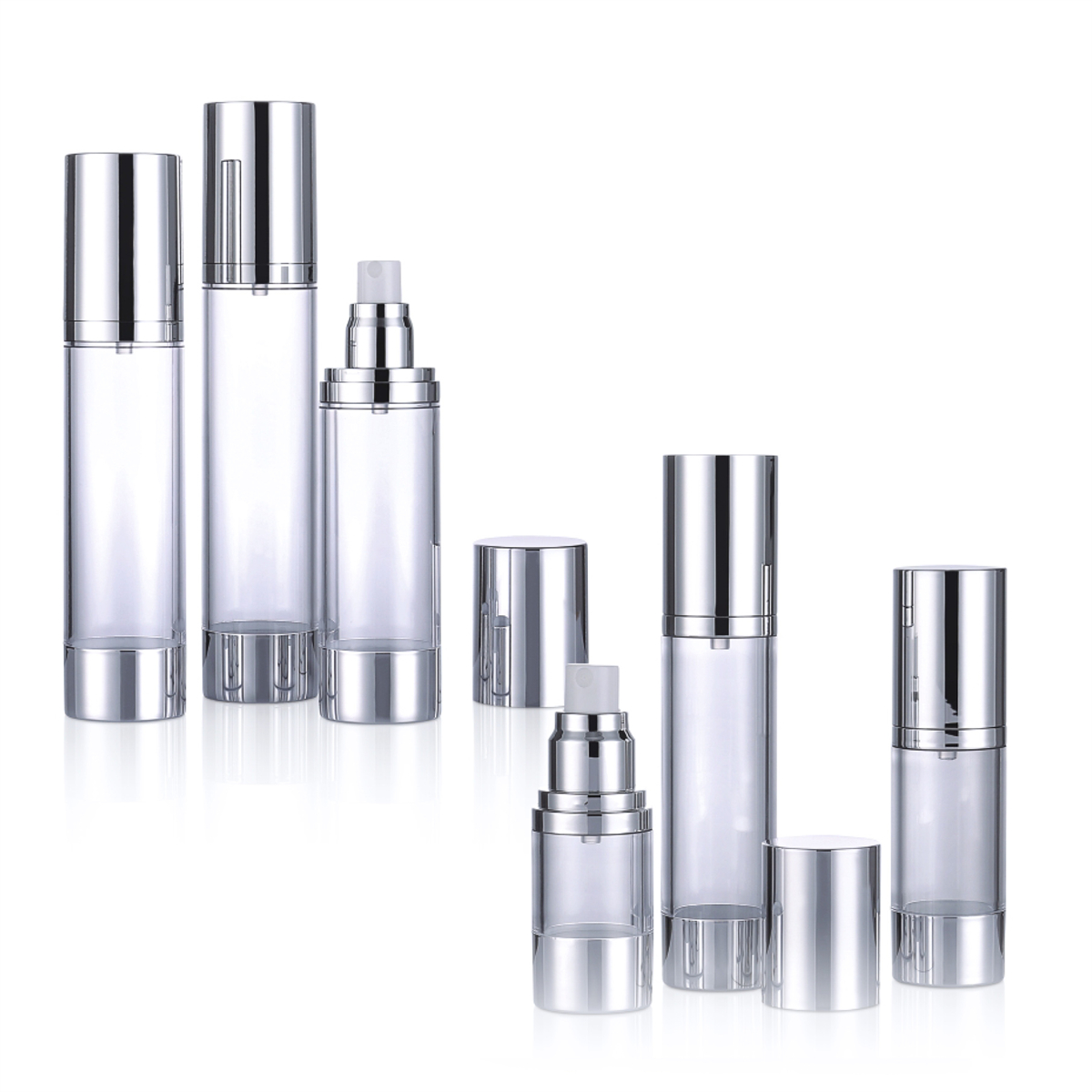15 ml 30 ml 50 ml 80 ml 100 ml 120 ml Ikke -søl luksuriøs gjennomsiktig kosmetisk luftløs lotion pumpeflaske med sølvhette L04