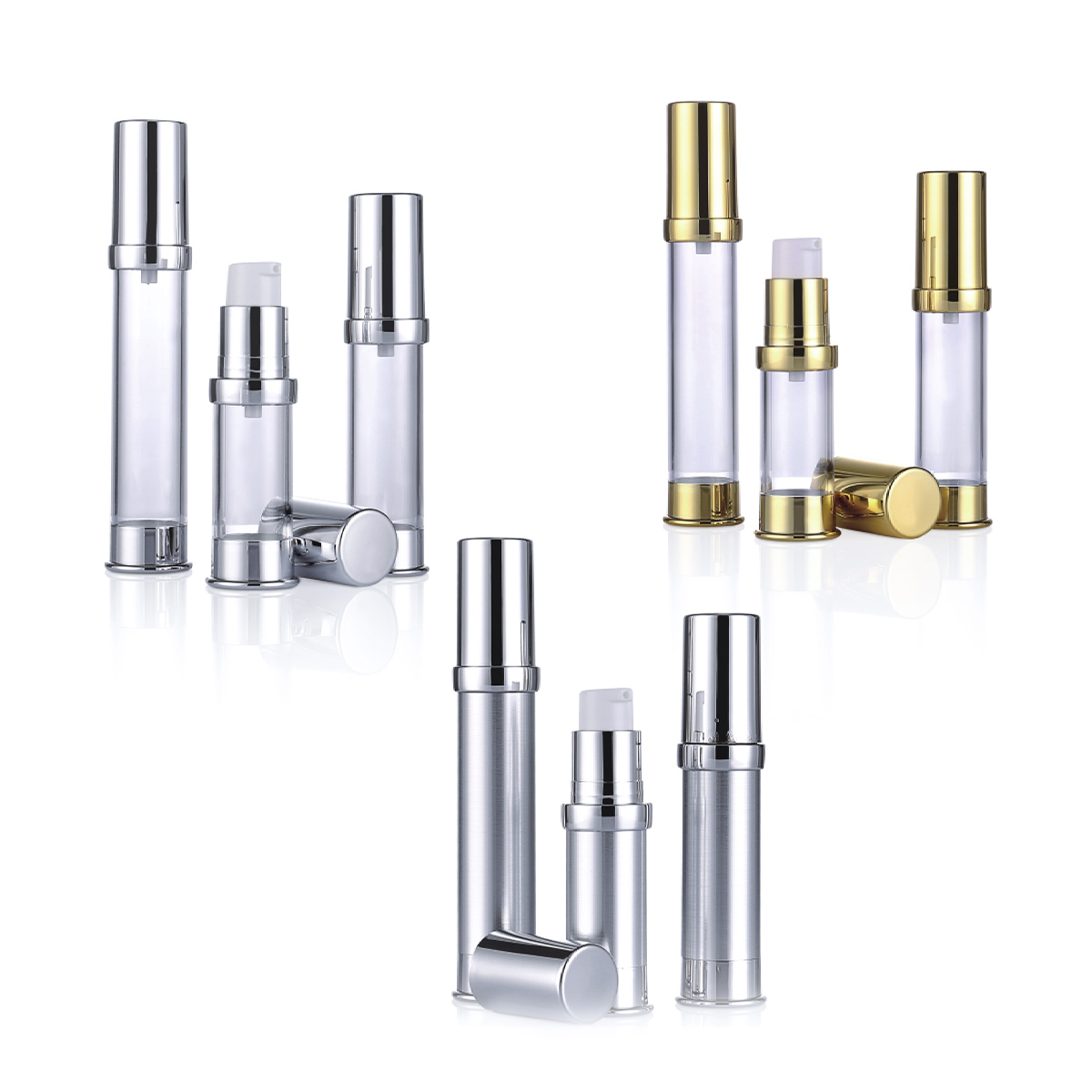 15 ml 20 ml 30 ml gull sølv plast liten lotion luftløs pumpeflaske for prøve l09