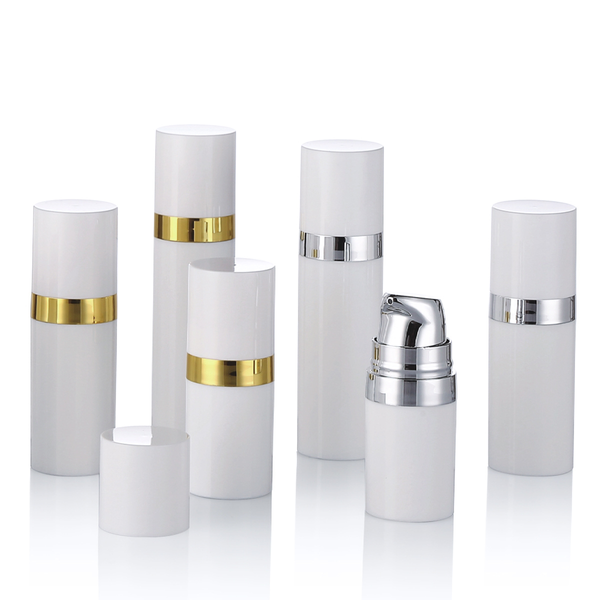 15 ml 30 ml 50 ml hvit luftløs pumpeflaske med gulllinje cap pp luftløs kosmetisk flaske for lotion krem ​​l15