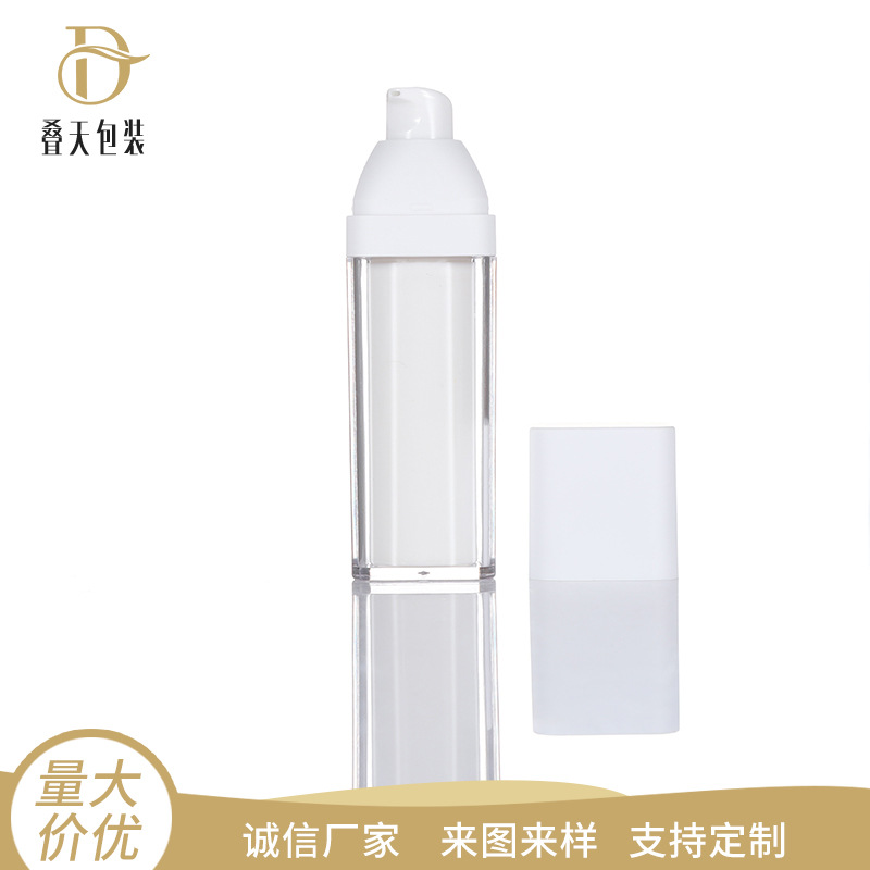 Hvit firkantet vakuumlotion flaske 15/50 ml dobbeltsjikt Rotary Press Essence Cosmetics Subpackage Vacuum Flaske